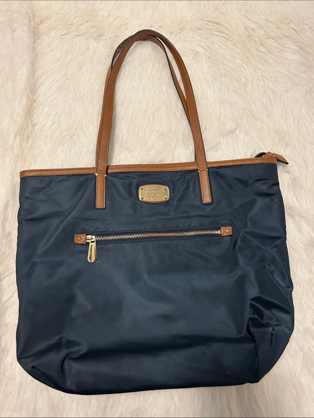 Michael Kors Navy Tote with Brown Leather Trim and Gold Hardware